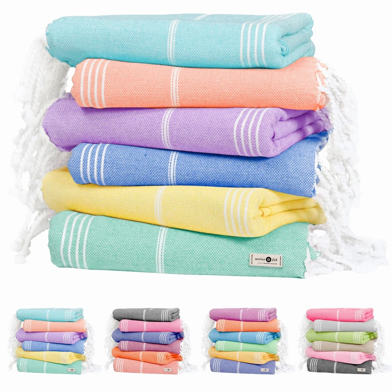 Native Fab Turkish Cotton Beach Towels Set of 6, Oversized 40x71 Inches, Thin & Lightweight, Quick Drying, Sand Resistant, Compact for Travel - Perfect for Summer, Beach, Pool, Spa - Multi 6 Colors