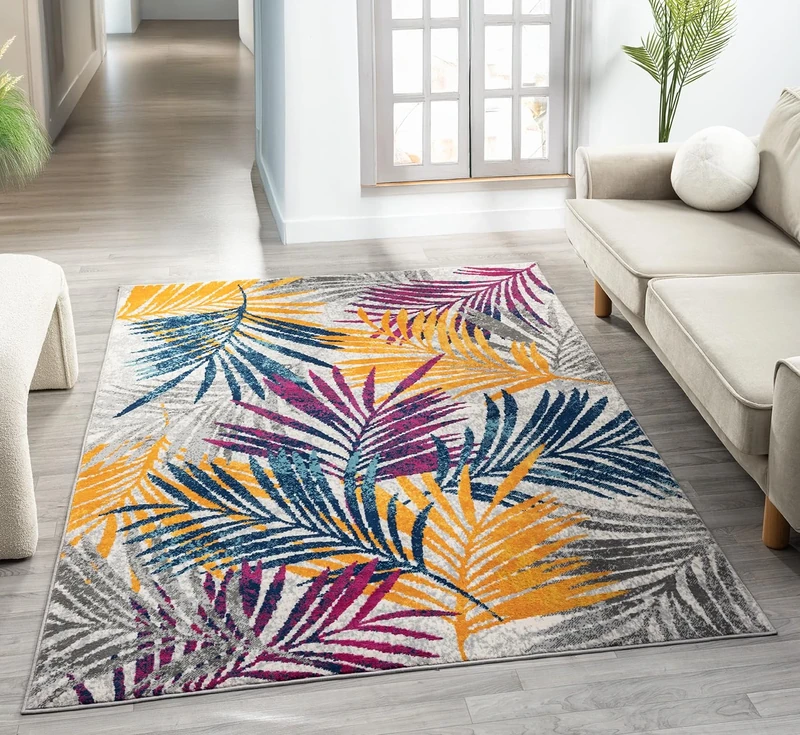 Rugs by Desire San Marino Modern Living Room Area Rug – Cut Pile Weaving - Jute Backing Abstract - Floral - Traditional Design Low Pile Rug, Multi Coloured, 200x290 cm