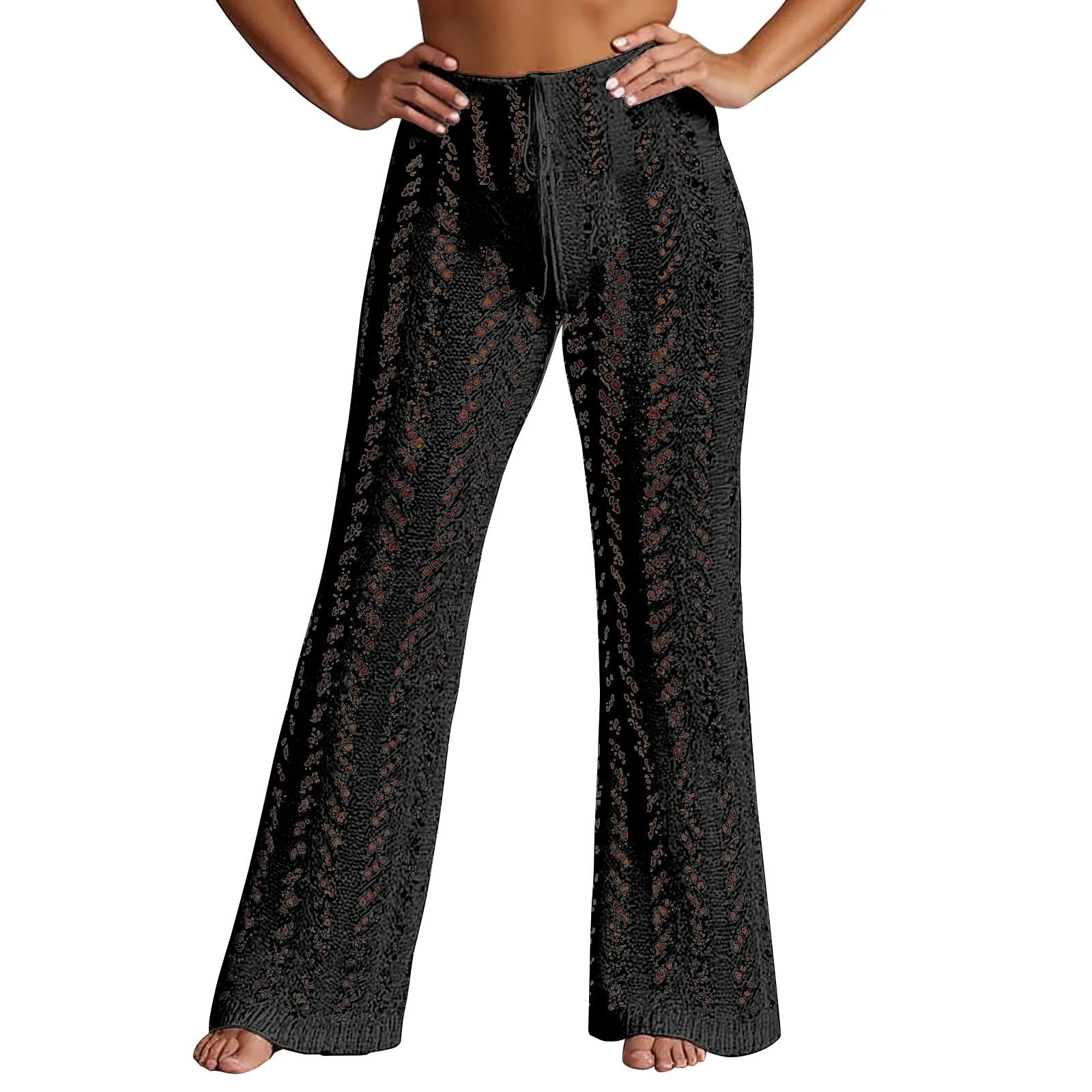 Duohropke Summer Trousers Women's Beach Cover Up Trousers Knitted Transparent Bikini Bottoms with Elastic Waistband High Waist Mesh Trousers Boho Flared Trousers Sun Protection Crochet Trousers
