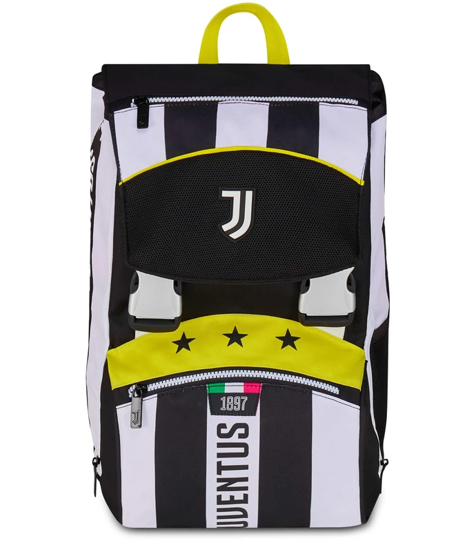 Seven Juventus Expandable Double Compartment Backpack, Black and White, Maxi Capacity, Preformed Backrest, Children, Elementary School, Football, Black, Taglia unica, Casual