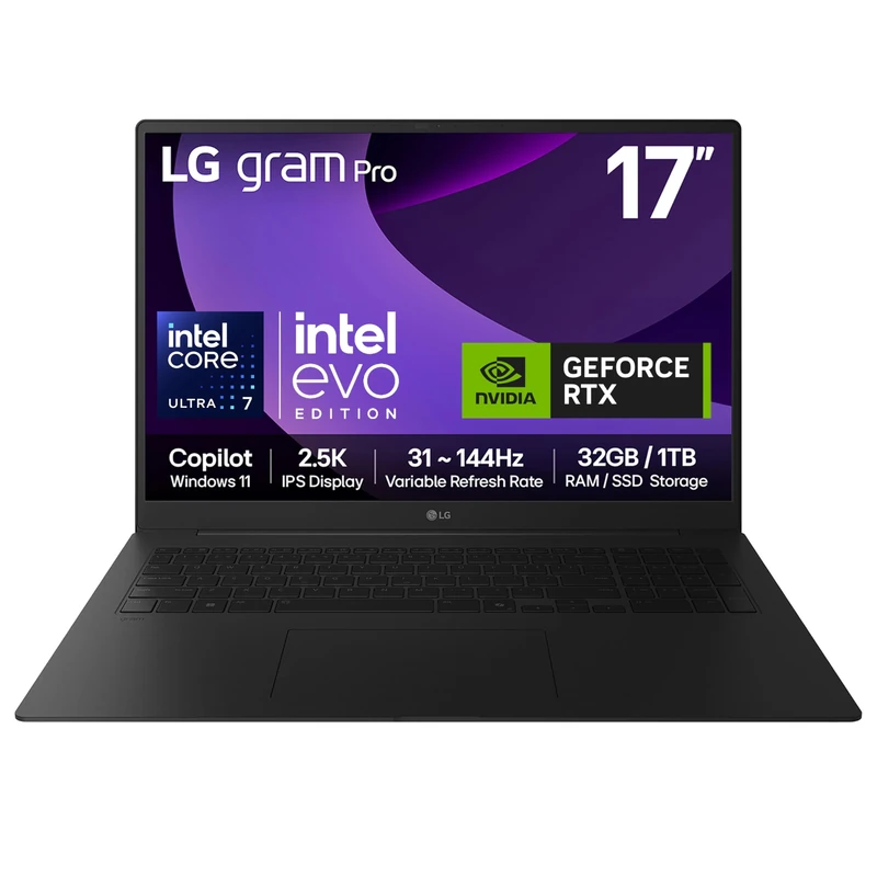LG gram Pro 17Z90TR-E - 17 inch 2.5K 144Hz VRR, Ultra-Lightweight Laptop, Intel Core Ultra 7 255H, NVIDIA GeForce RTX 5050, 32GB RAM, 1TB SSD, Windows 11 Home, Copilot, Hybrid AI, Black (2025)