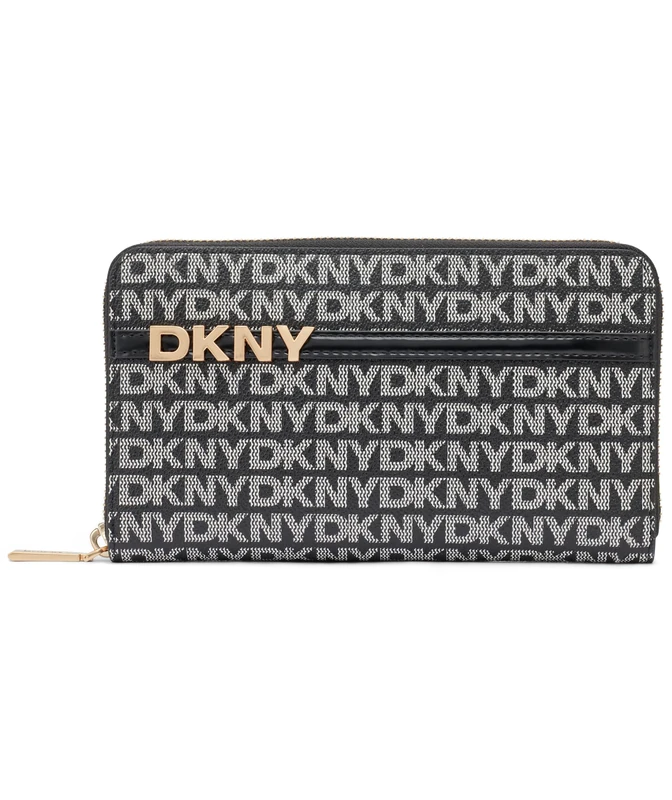 DKNY Women Avril Zip Around Wallet Billfold, Black and Black Logo, Large