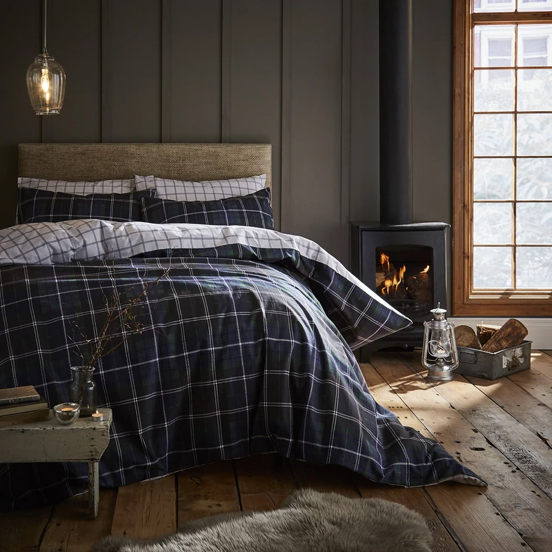 Catherine Lansfield Tartan Check Navy Duvet Cover Set 260x240+50x70x2 - Image 1