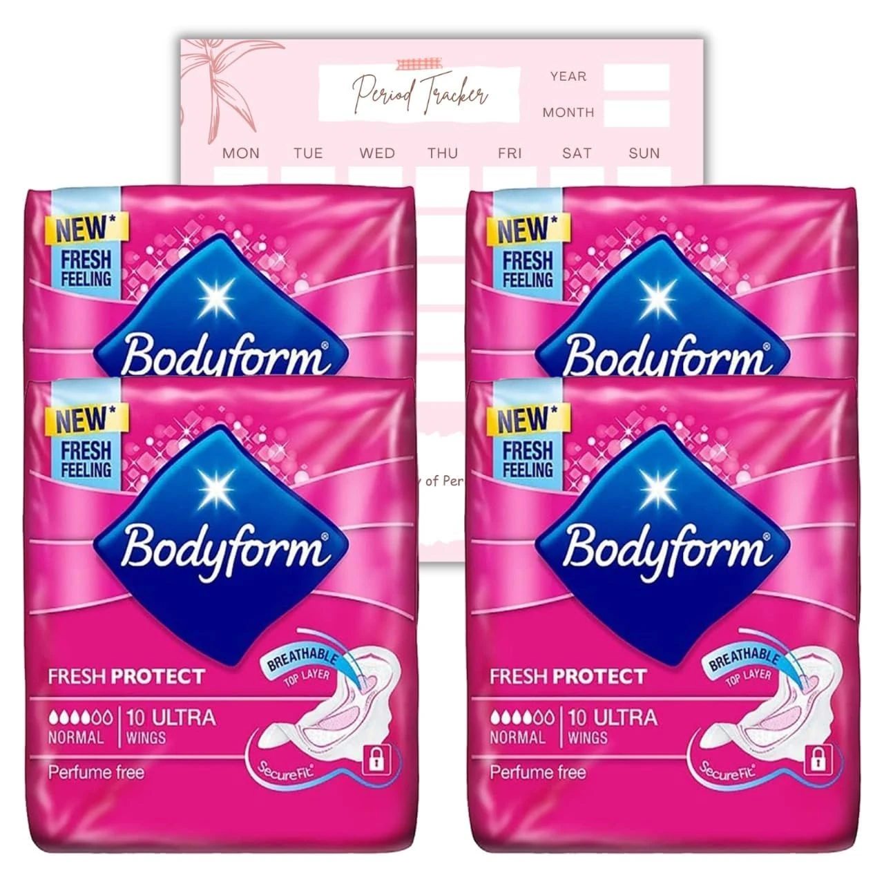 Body Form 10 Ultra Sanitary Towels with Wings Pack of 4, 40 (10 x4 Packs) Perfume Free Period Pads, Normal Flow Cour-V Ultra with Caliko Period Tracker