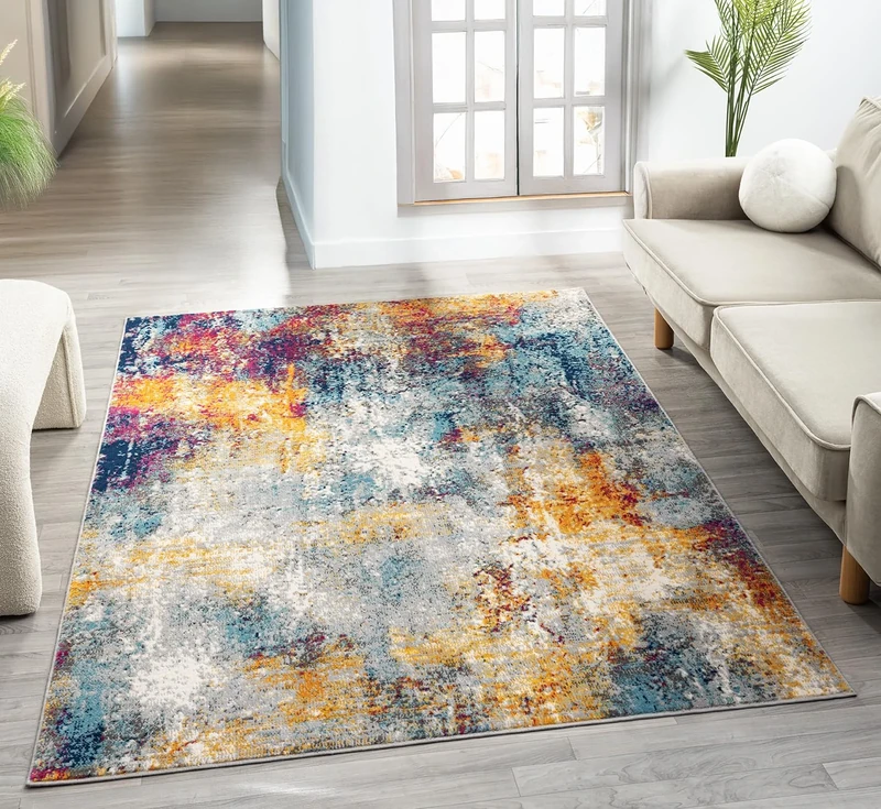 Rugs by Desire San Marino Modern Living Room Area Rug – Cut Pile Weaving - Jute Backing Abstract - Floral - Traditional Design Low Pile Rug, Multi Coloured, 200x290 cm