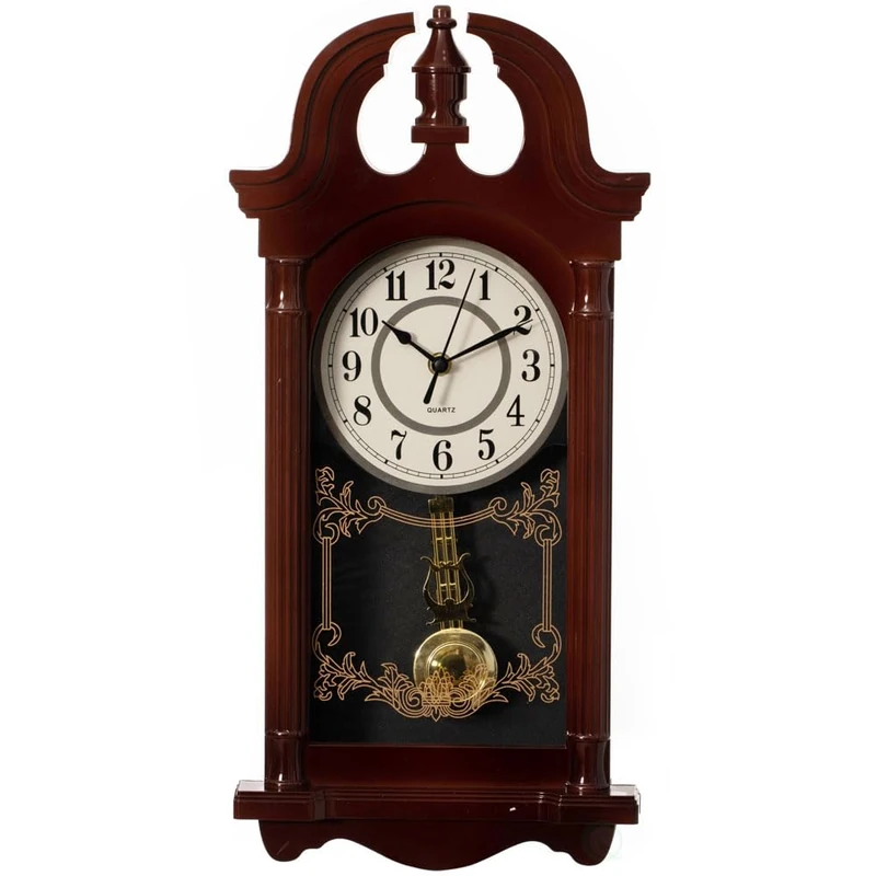 Clockswise 20" Vintage-Inspired Plastic Grandfather Wall Clock with Realistic Wood-Grain Finish Swinging Pendulum Battery-Operated Decorative Accent for Home Office Living Room Kitchen Hallway, Brown - Image 1