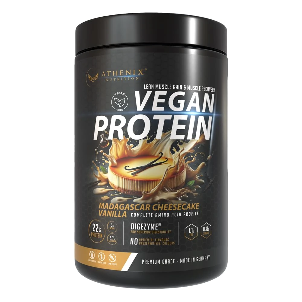 Athenix® Premium Vegan Protein Powder | Protein + BCAAs & Glutamine | Low Sugar | Enhanced with DigeZyme® for Digestion | 100% Plant-Based | Made in Germany (500g, Vanilla Madagascar Cheesecake)