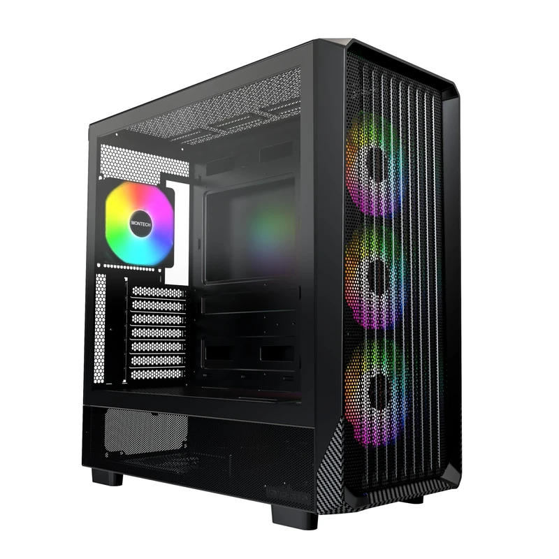 Montech X5- ATX Mid-Tower Gaming PC Case, High Airflow, 3X 140mm and 1x 120mm ARGB Fans Pre-Installed, Glass Side Panel, Carbon Print Accents, GPU Holder Included, Black