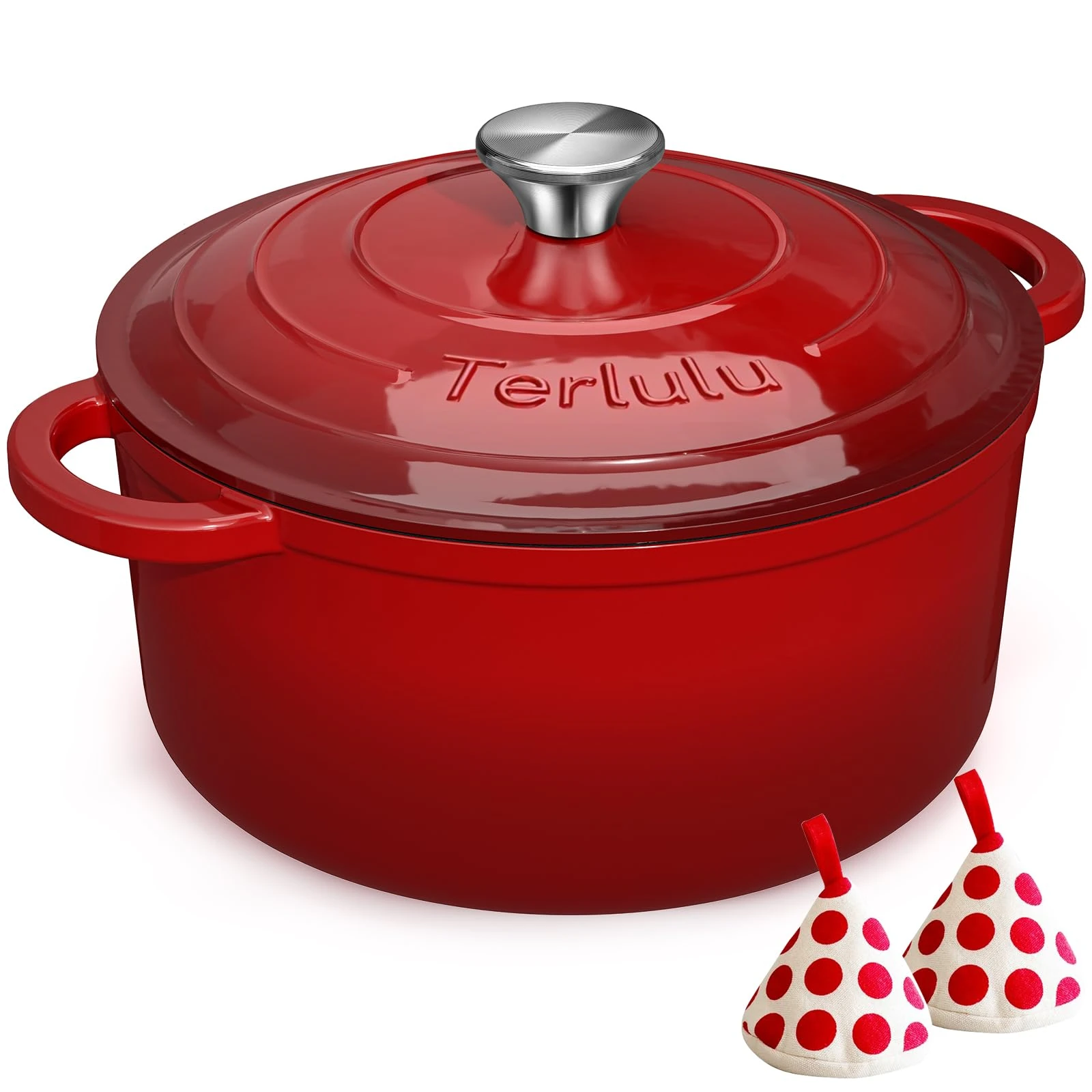 Terlulu Enamelled Cast Iron Round Casserole Dish with Lid & Cotton Potholders - 26cm 4.75L Non-Stick Dutch Oven - Sturdy Dutch Oven Cookware for Bread Baking, Braising, Stews, Roasting - Red, 5QT