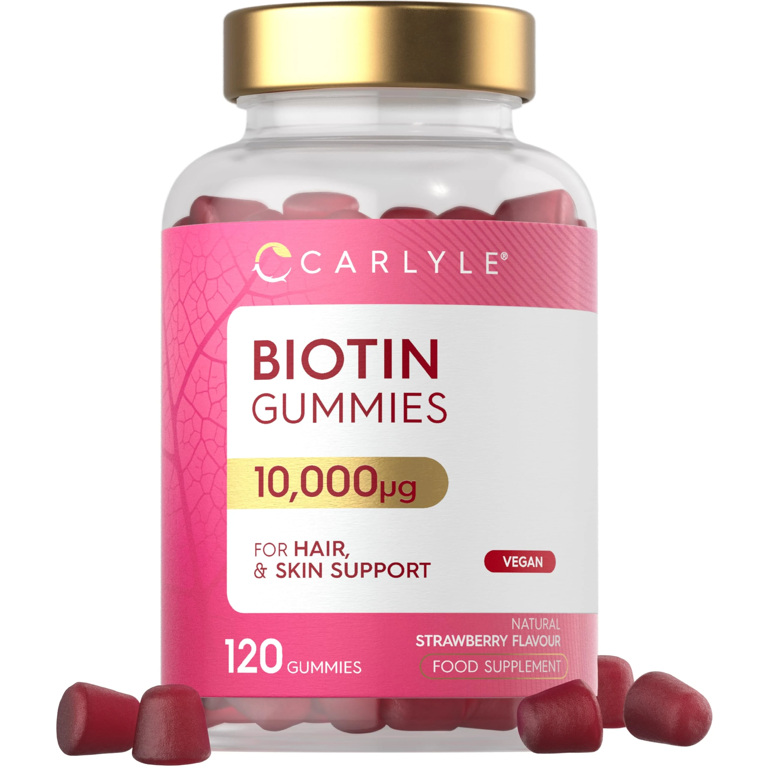 Biotin Gummies Hair Growth 10,000mcg | 120 Count | High Strength Supplement for Hair and Skin Support | Strawberry Flavour | Vegan | by Carlyle