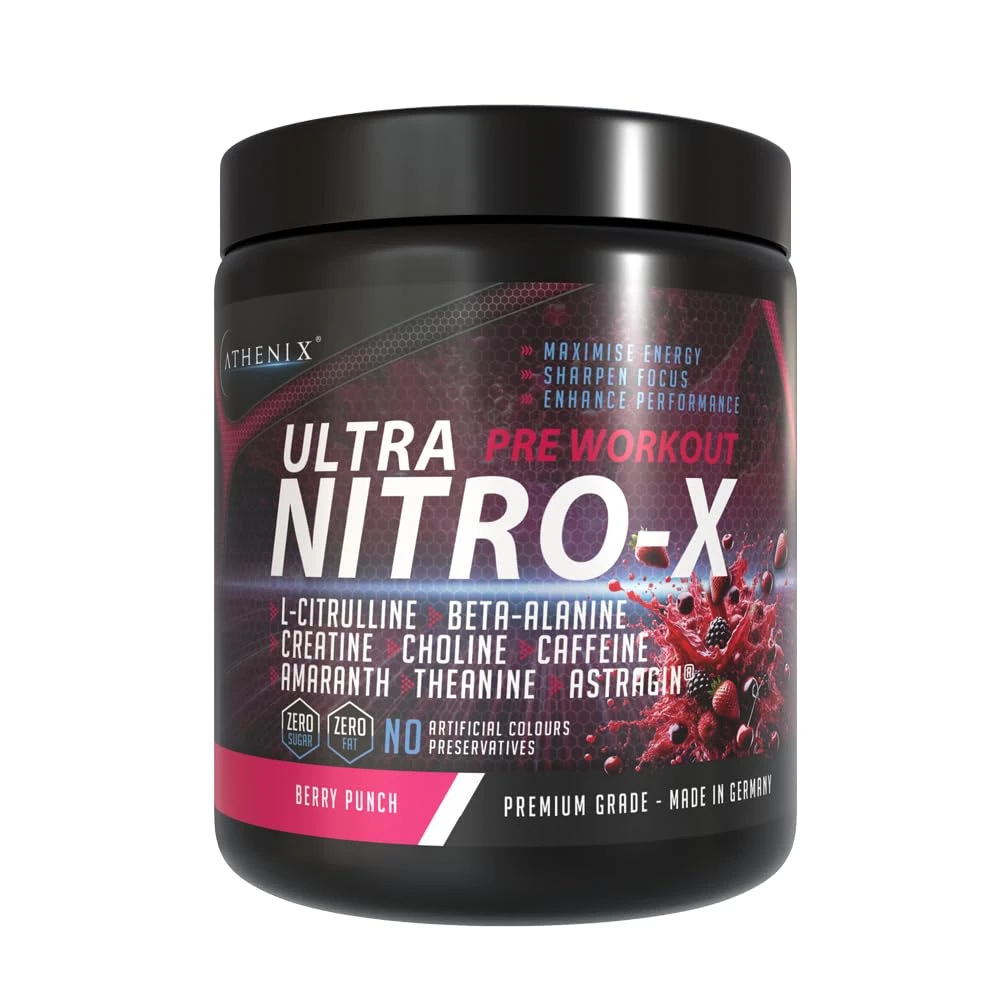 ATHENIX® Ultra Nitro-X Pre-Workout | Berry Punch | 5000 mg L-Citrulline + 2500 mg Beta-Alanine + Creatine, Caffeine, AstraGin® | Explosive Energy, Focus & Pumps | 28 Servings | Made in Germany