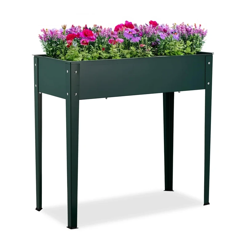 Relaxdays Raised Planter, Herb & Flower Box, for Garden, Balcony & Patio, Powder-Coated Steel, 80 x 85 x 40 cm, Green