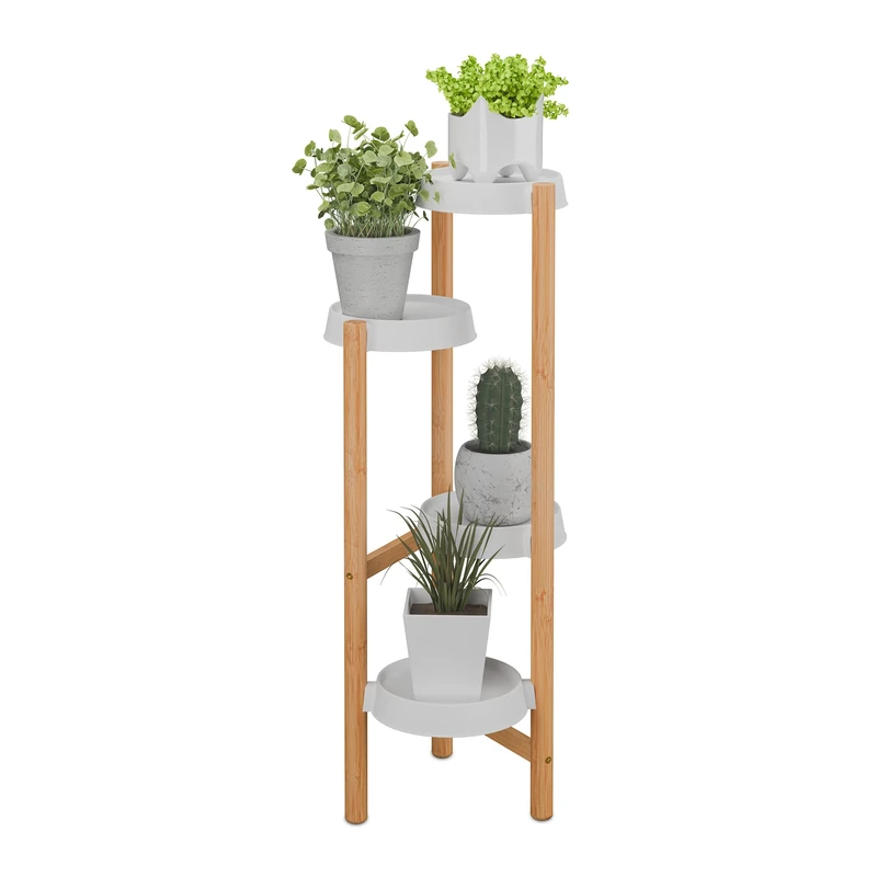 Relaxdays Plant Stand, 4 Tiers, Bamboo & Plastic, HWD: 85x32x33 cm, Shelves for Flower Pots & Herbs, Natural/White - Image 1