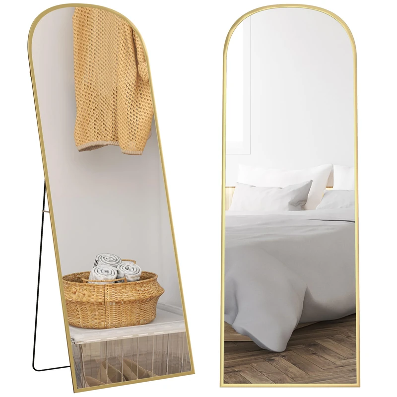 HOMCOM Full Length Mirror, 165x60cm Arched Free Standing Floor Mirror with Aluminium Alloy Frame, Hanging or Leaning for Living Room, Bedroom, Gold Tone Frame