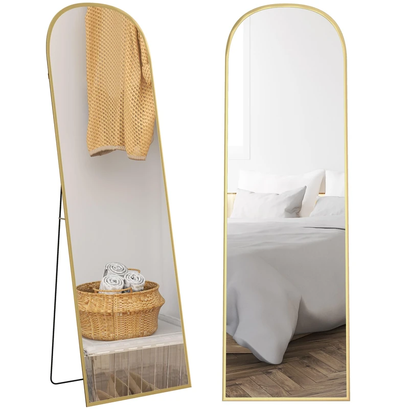 HOMCOM Full Length Mirror, 162x50cm Arched Free Standing Floor Mirror with Aluminium Alloy Frame, Hanging or Leaning for Living Room, Bedroom, Gold Tone Frame