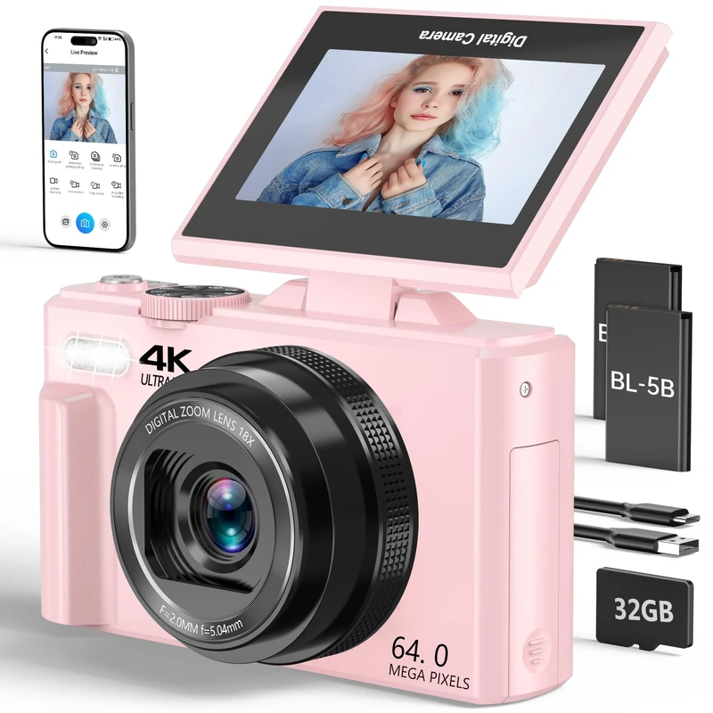 4K Digital Camera for Photography and Vlogging with 64MP, 3" 180° Flip Screen, 18X Digital Zoom, and 32GB Micro SD Card for Beginners (Light Pink)"}