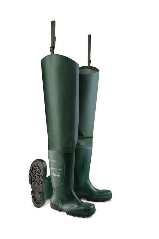 DUNLOP Work-it Full Safety Thigh Wader - Unisex, Lightweight and Waterproof, Slip Resistant Work Waders with Steel Toe Cap, PVC, Heritage Green - EU43, UK9