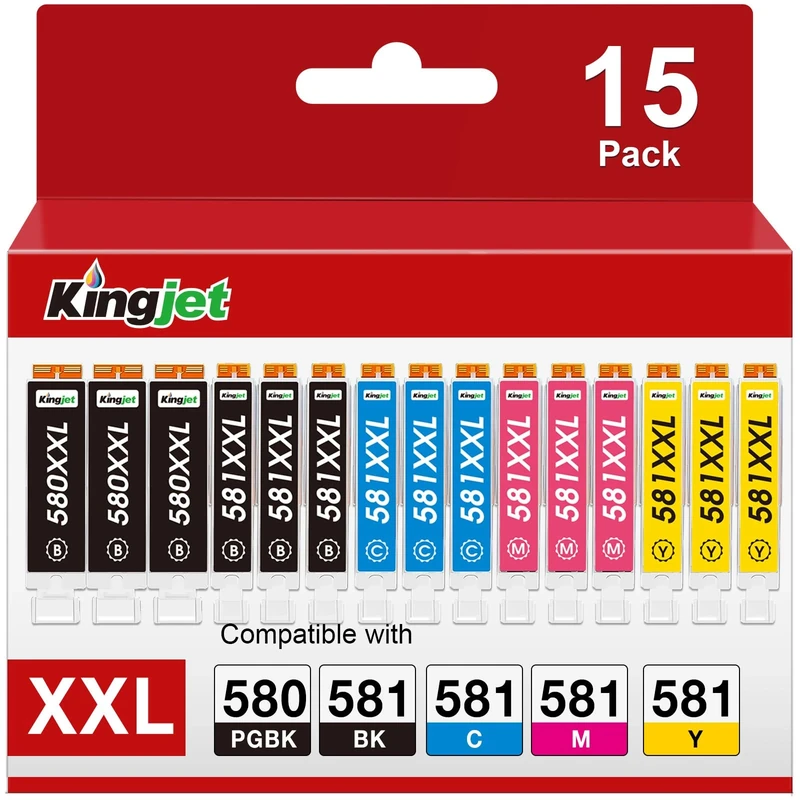 KINGJET 580 581XXL Ink Cartridge Replacement for Canon 580 & 581 ink cartridges for TS705 Ink Cartridges for Pixma TS6350 TS6250 TS8250 TS6351 TS6251 TS705 TS8550 TS6250 TS8500 TS8252 TS9150 (15 Pack)