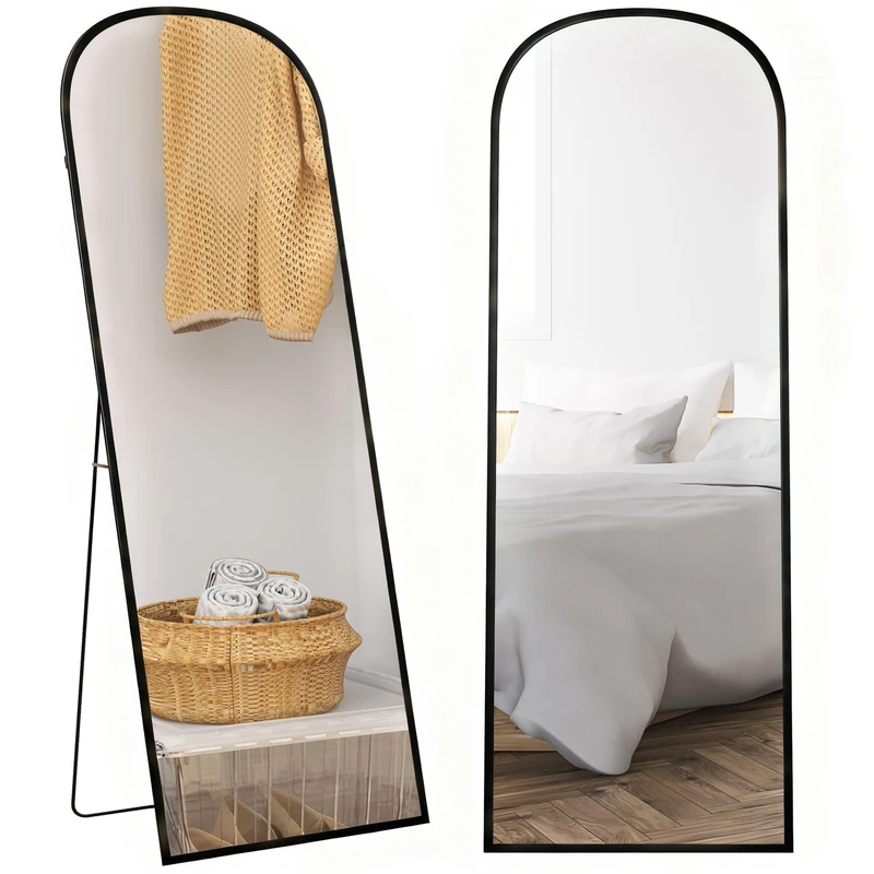 HOMCOM Full Length Mirror, 165x60cm Arched Free Standing Floor Mirror with Aluminium Alloy Frame, Hanging or Leaning for Living Room, Bedroom, Black Frame - Image 1