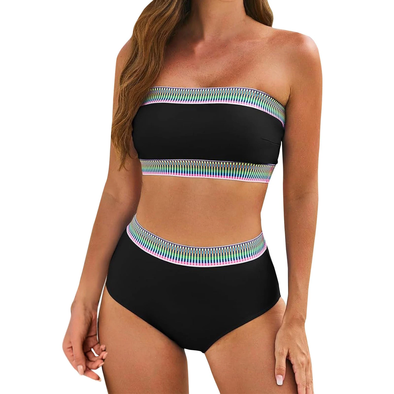 AMhomely My Order 2 Piece Bandeau Bikini Skirted Bikini Bottoms Strapless Tube Top Briefs Swimwear Crochet Bathsuits Sea Side Holiday Pool Party Modest Swimming Costume Today's Deals 01 Black S