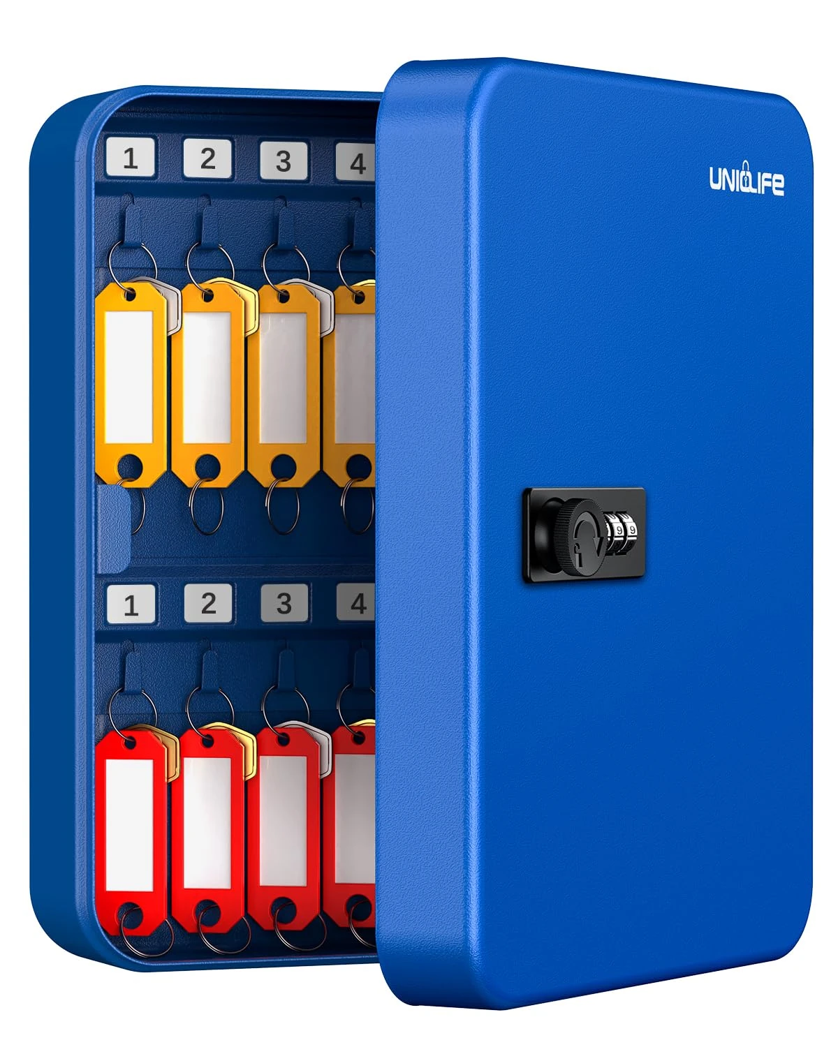 Uniclife Blue 28-Keys Steel Key Cabinet with Combination Lock Wall Mounted Key Organizer with Resettable Code Black with Hooks and Large Keys Tag Labels Identifiers in 5 Assorted Colors