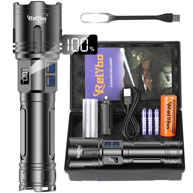 Relybo Torches LED Super Bright 500,000 Lumen, Rechargeable Torch XHM90.2 Flashlight, LED Torches Powerful Battery Powered, 2 Switches Stepless Dimming High Powered Torch Tactical, Camping Dog Walking