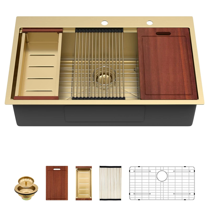 Sarlai Gold Drop in Kitchen Sink Workstation Topmount 36x22 Inch Sinks