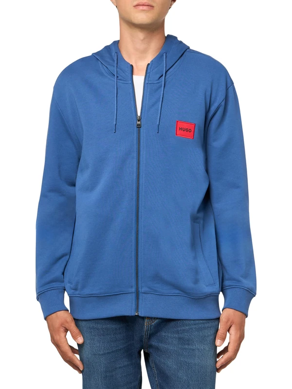 HUGO Men's Regular Fit Square Logo Jersey Hooded Zip Up Sweatshirt, Skyline Blue, M - Image 1
