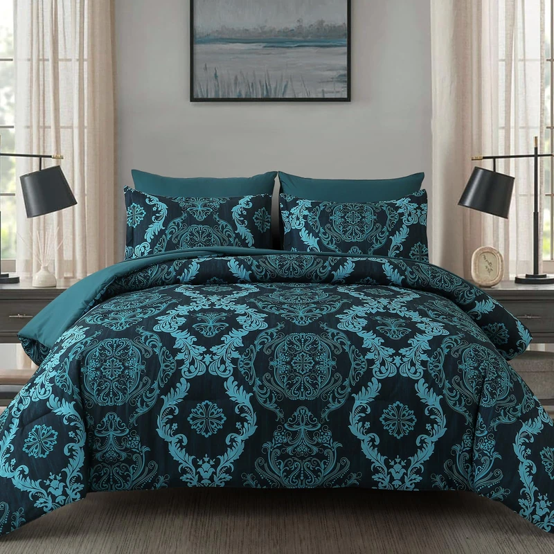 WONGS BEDDING Teal 7 Pieces Comforter Set Damask Comforter Bedding Set-YS01AB091354Q7U-A