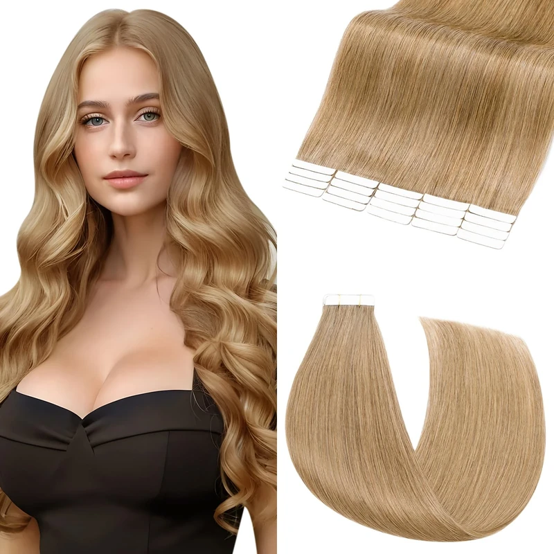 Elailite Tape in Hair Extension Real Human Hair 20 pcs 50g Straight Seamless Skin Weft Real Remy Extensions - #27 Dark Blonde - 20 Inch