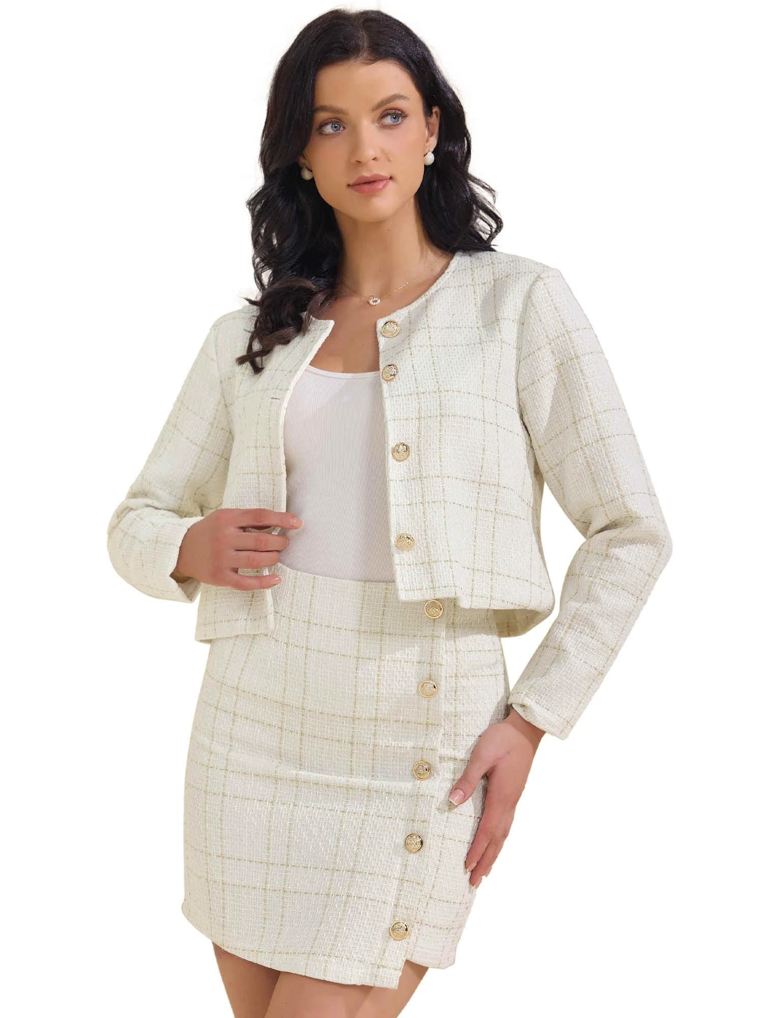 Allegra K Women's 2 Piece Skirt Sets Tweed Blazers Button Down Jacket Mini Skirt Set Business Casual Outfits 2025 White S