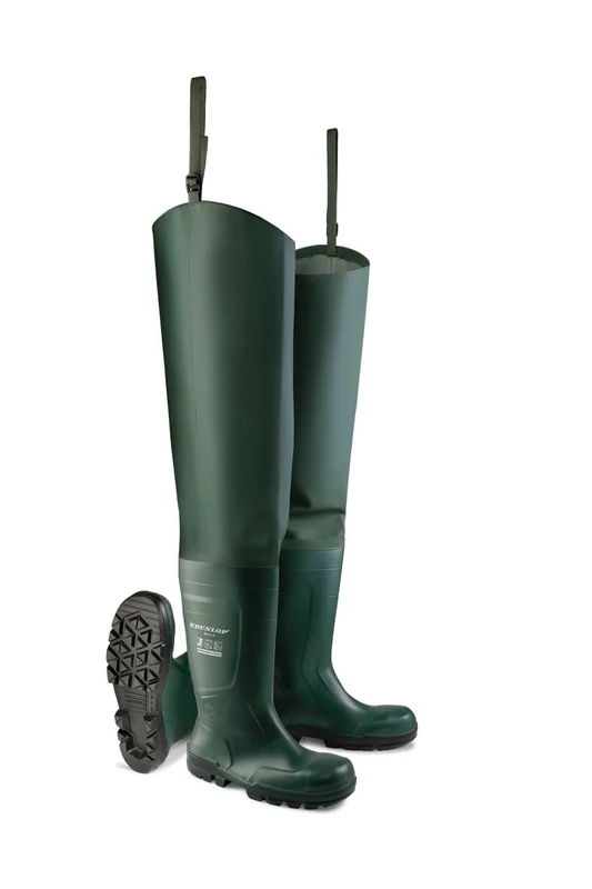 DUNLOP Work-it Full Safety Thigh Wader - Unisex, Lightweight and Waterproof, Slip Resistant Work Waders with Steel Toe Cap, PVC, Heritage Green - EU47, UK12