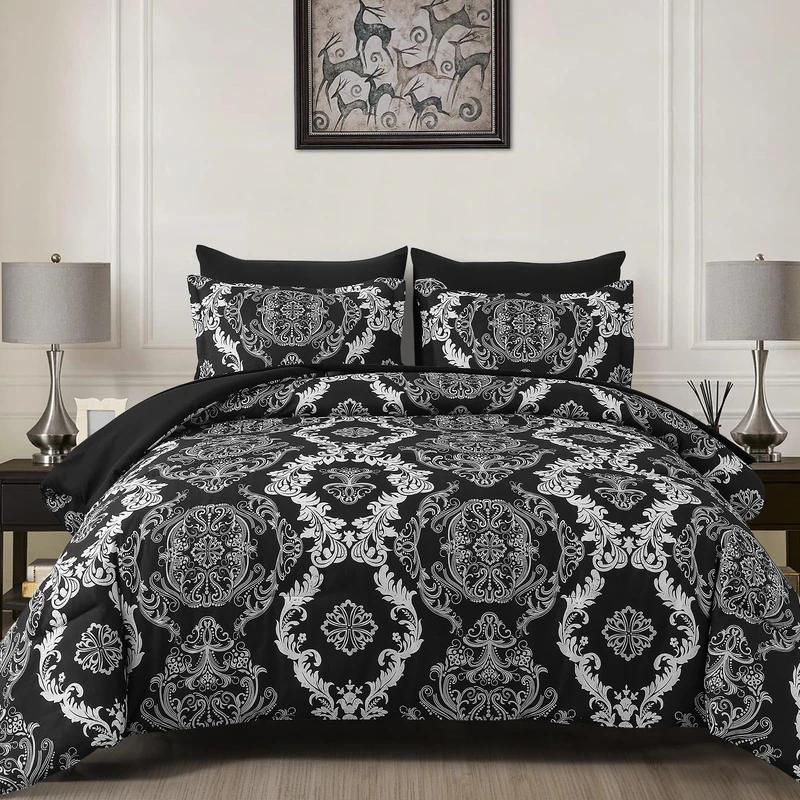 WONGS BEDDING Black White 7 Pieces Comforter Set Damask Comforter Bedding Set-YS01AB091353K7U-A