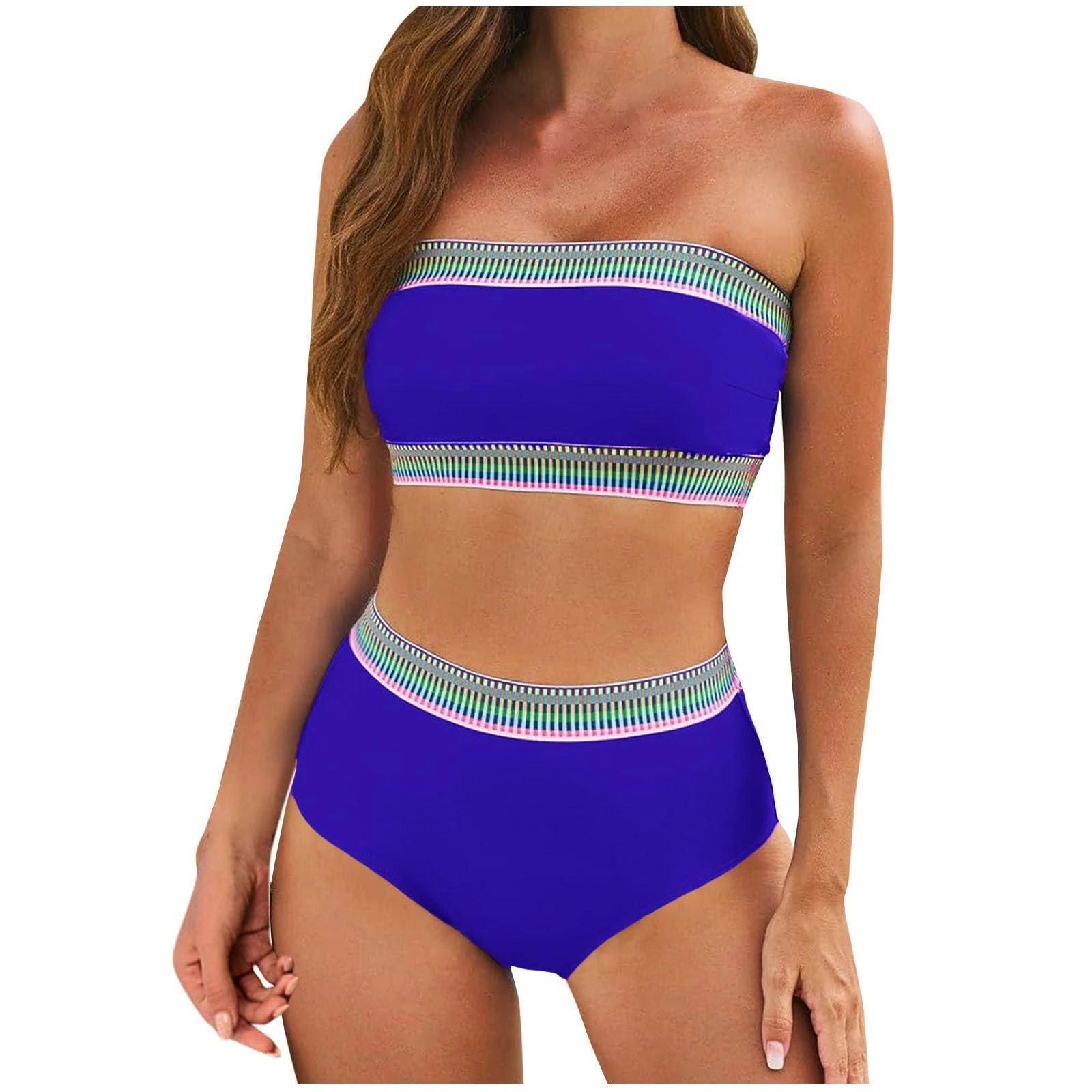 AMhomely Buy Again Bikini Sets for Women UK Swimming Costume Women 2 Piece Rainbow Knitted Tube Tops and Brief Swimsuits Solid High Waisted Tankini Bathsuits Holiday Vacation Beachwear 02 Blue S
