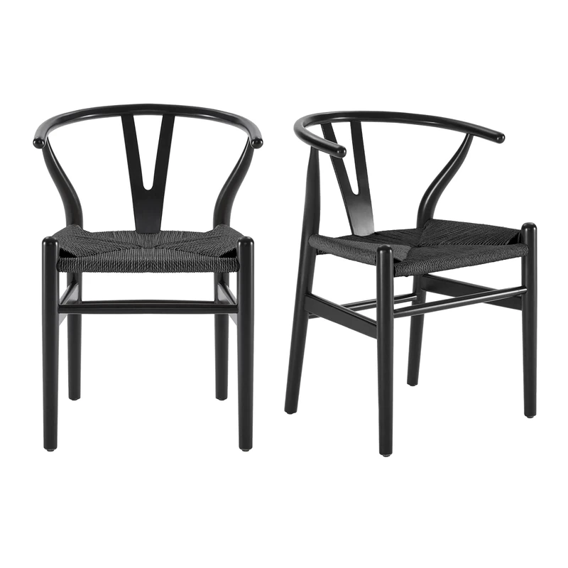 Farini Wishbone Dining Chairs Set of 2, Rattan & Wood Kitchen Chairs, Fully Assembled Modern Chairs for Dining Room or Home, Black
