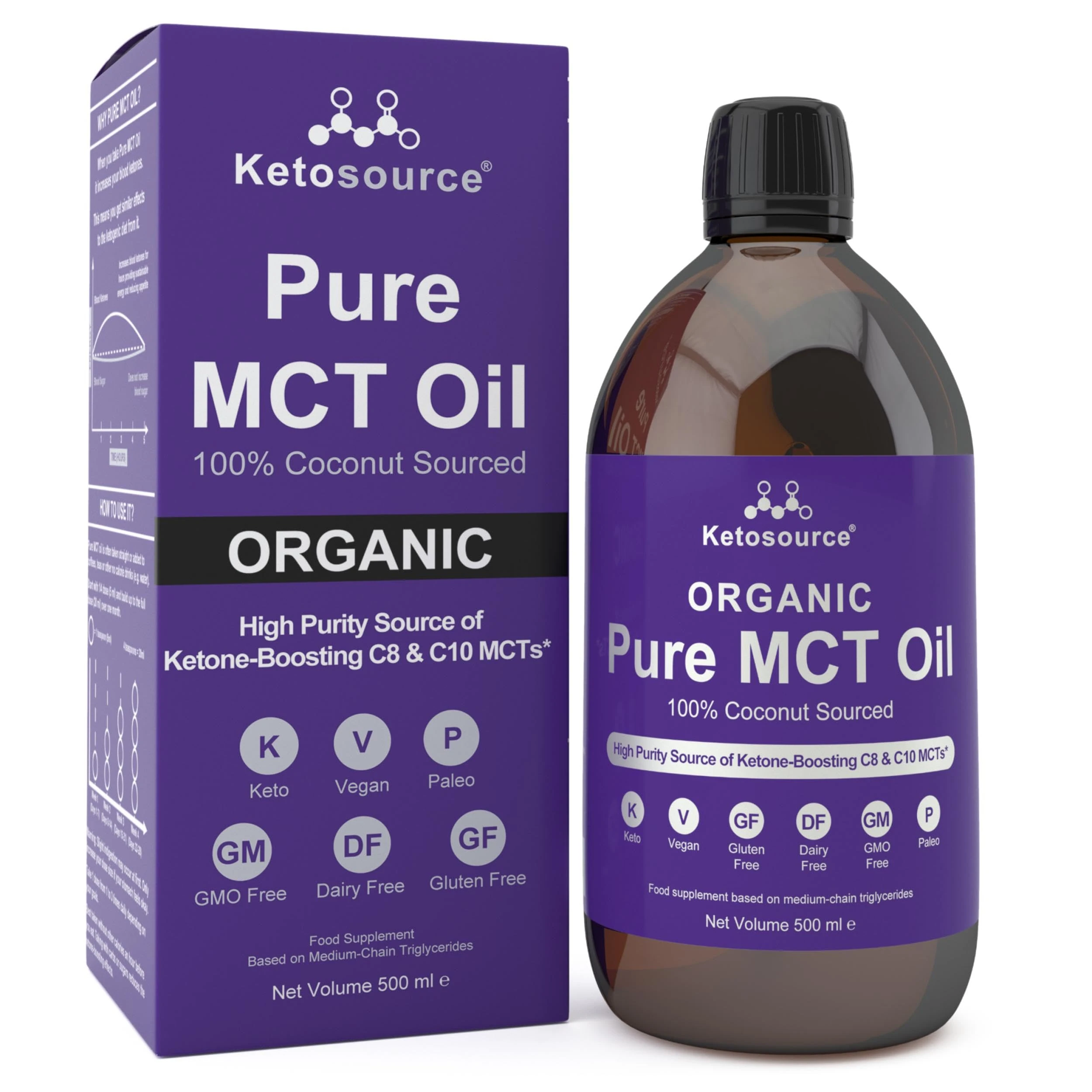 Pure MCT Oil Organic | 100% Coconut Organic MCT Oil C8 C10 Glass Bottle | High Purity Source of Ketone-Boosting C8 & C10 MCTs | Keto Diet, Fasting, Vegan Safe & Gluten Free | 500ml | Ketosource®