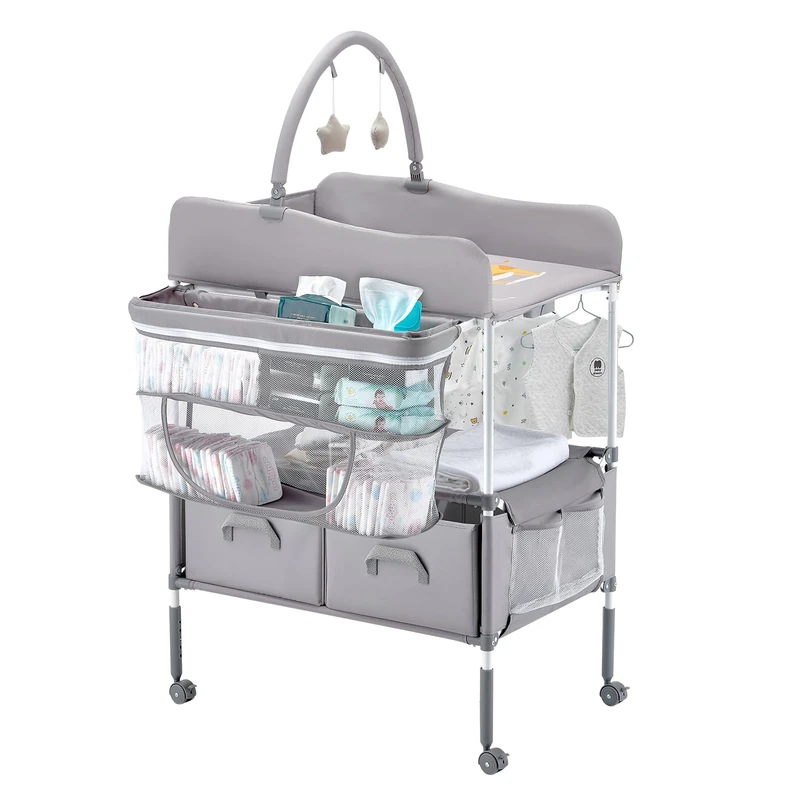 VEVOR Baby Changing Table, Foldable Diaper Change Station with 2 Fabric Drawers, Side Basket & Hanging Rod, Adjustable Height Portable Changing Table with Lockable Wheels & 2 Star Toys, Light Gray