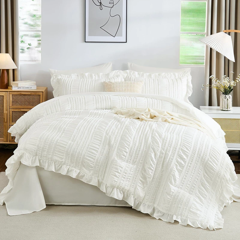 WONGS BEDDING Queen Comforter Set,White Cute Ruffle Comforter for Queen Bed, 7 Pieces Bed in a Bag Seersucker Shabby Chic Bedding Set 90"×90"