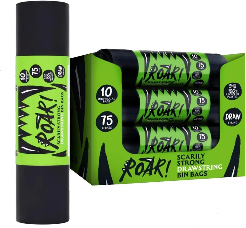 Roar! Bin Bags 75 Litres, 10 x 20 Rolls (200 Bags) Double Drawstring Ultra Strong Black Refuse Sacks, 100% Recycled Plastic, Everyday Use, Household, Office & Kitchen Waste - Image 1