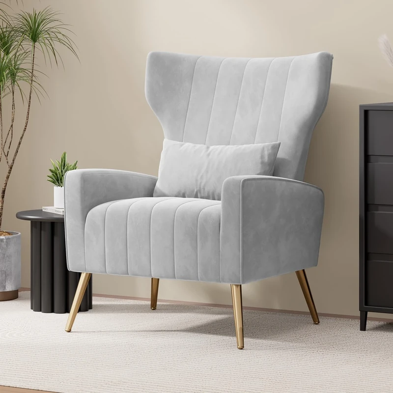 Hawthyhome Velvet Armchair Recliner with Comfortable Cushion with Pillow Golden Metal Legs Padded Seat Lounge Couch Armchair for Living room,and Bedroom Gray