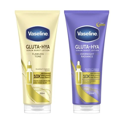 Vaseline Gluta-Hya Serum Burst Body Lotion Duo – Flawless Glow & Overnight Radiance Repair 2x200ml with GlutaGlow & 10x Vitamin C Power for Hydrated, Even-Toned, Radiant Skin All Day & Night