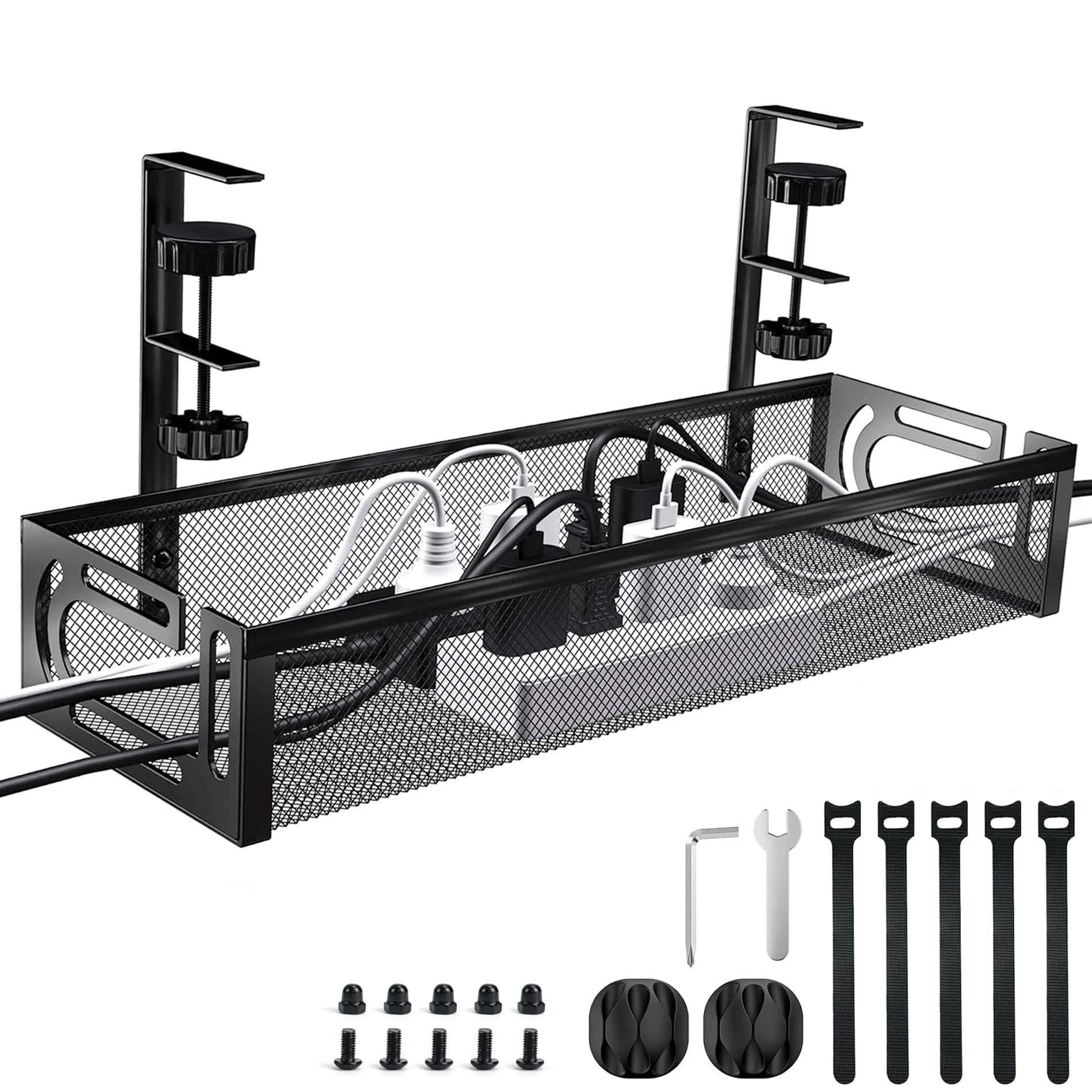 Under Desk Cable Management Tray, Metal Cable Management,No-Drill Mesh Wire Organiser with Clamp, Wire Holder Side Opening Design, Cable Tidy Basket, for Office and Home-Design2
