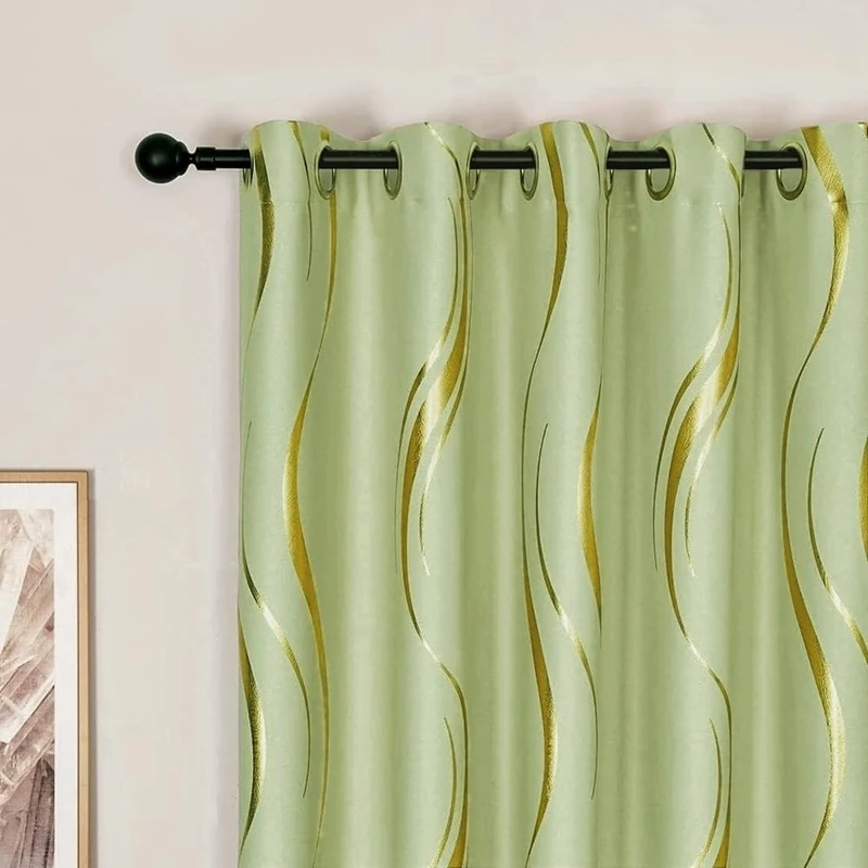 MYRU 1 Pair Luxury Wave Pattern Striped Blackout Curtains with Gold Foil Design, Grommet Top, Thermal Insulated Window Drapes(Yellow Green and Gold, 2 Panels 54 x 90 Inch)