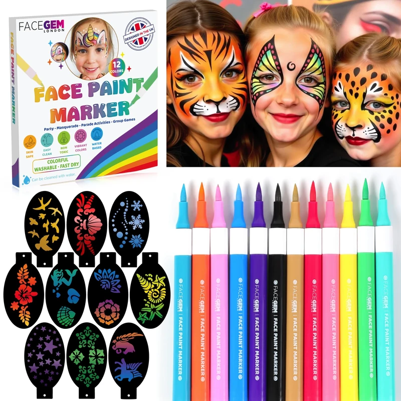 FACEGEM LONDON 12 Colour Face Paint Kit - Mess Free & Washable