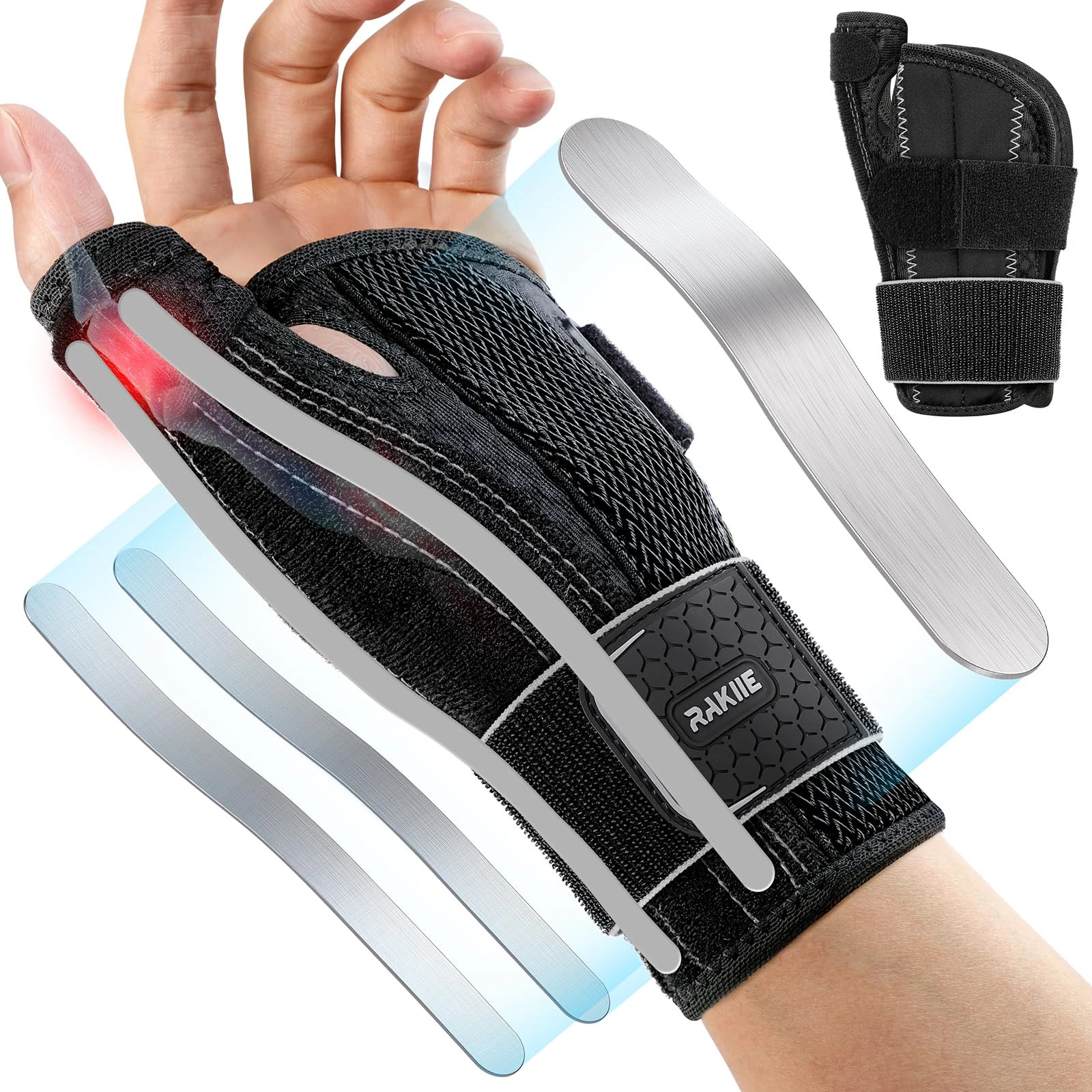 Rakiie Wrist & Thumb Brace, Carpal Tunnel Wrist Brace Left Hand for Tendonitis, Sprain,Thumb Splint with 3 Metal Splints, 2 Thumb Strips, Breathable Hand Brace for Men Women (Gray, L/XL, L)