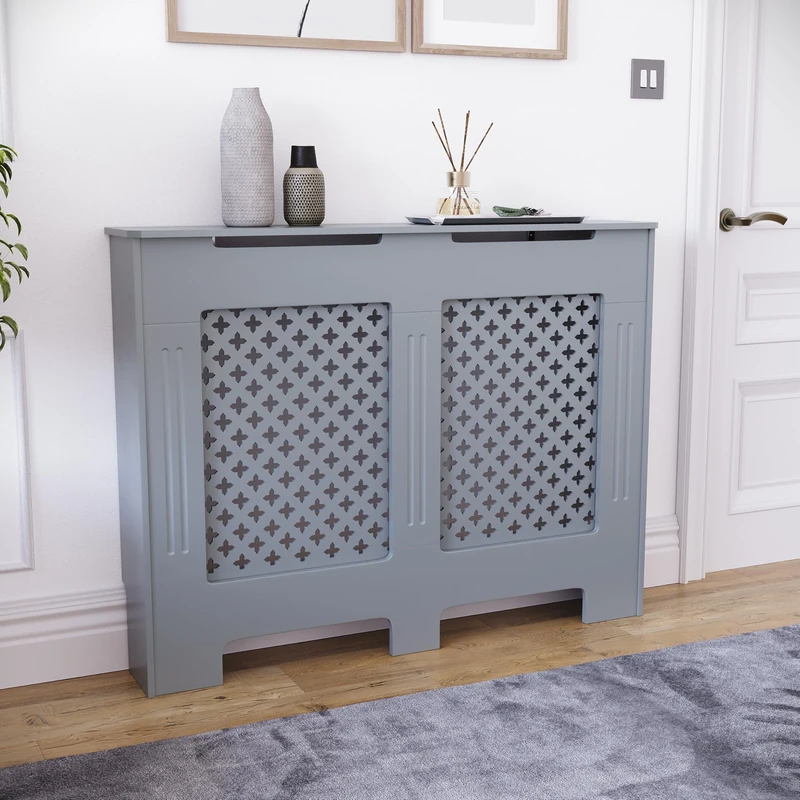 Vida Designs Oxford Radiator Cover Grey - Medium - Traditional Cross Pattern Design For Optimal Heat Circulation - H82xW111xD19cm - Painted MDF Cabinet Ideal For Living Room & Hallway