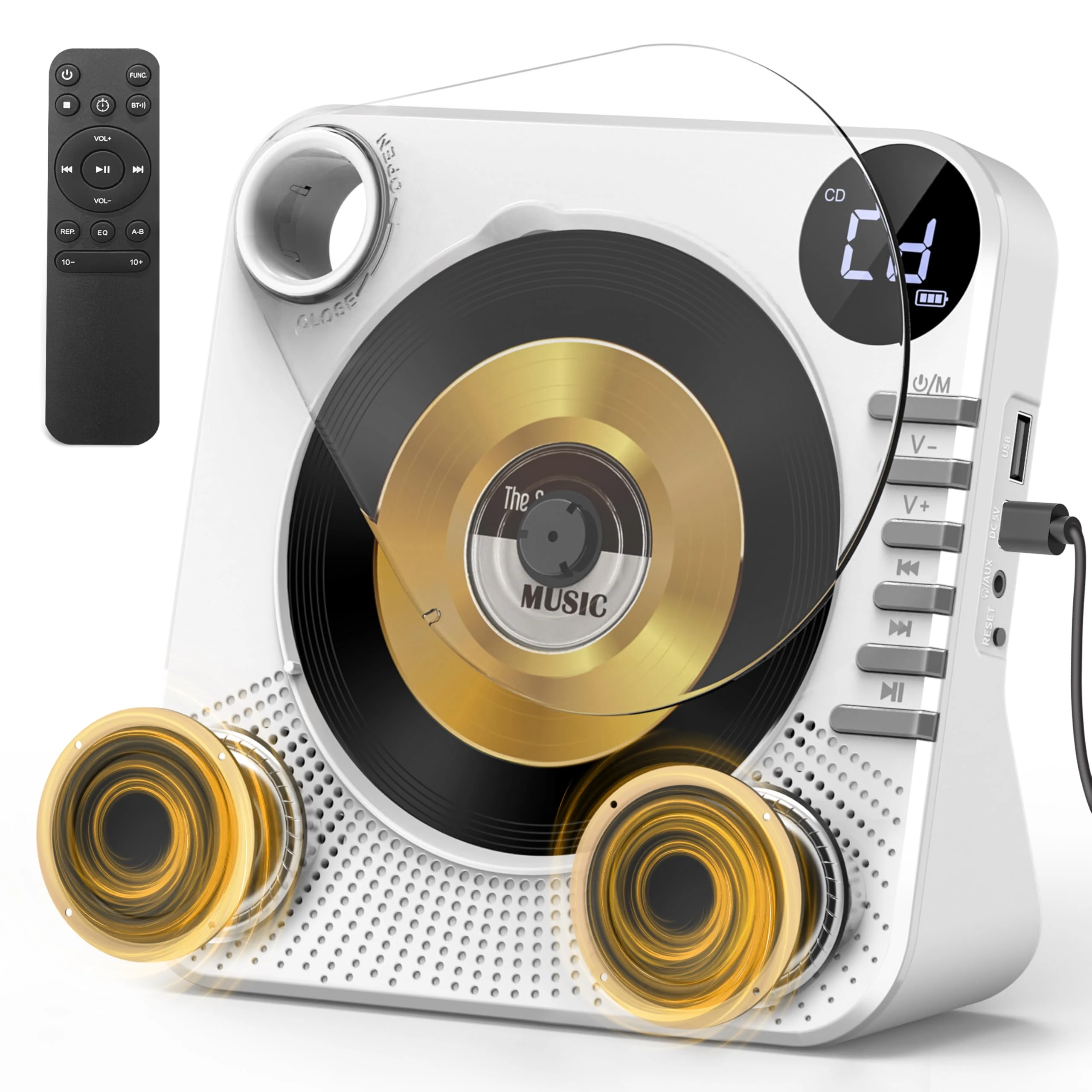 Bluetooth Desktop CD Player with Dual HiFi Speaker, Home CD Player with Remote Control, Dust Cover, LCD Display, Sleep Timer, EQ Sound