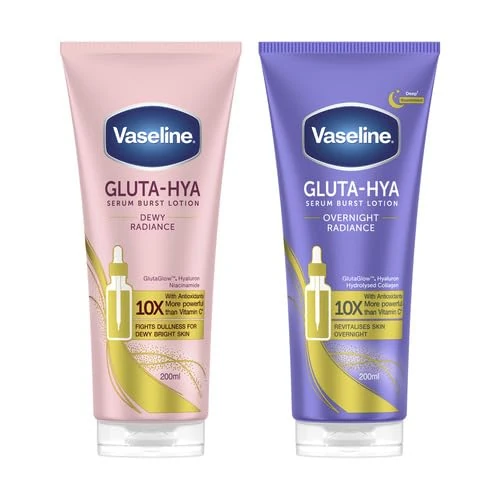 Vaseline Gluta-Hya Serum Burst Body Lotion Duo – Dewy Radiance & Overnight Repair 2x200ml with GlutaGlow & 10x Vitamin C Power for Dewy, Hydrated, Glowing Skin All Day & Night