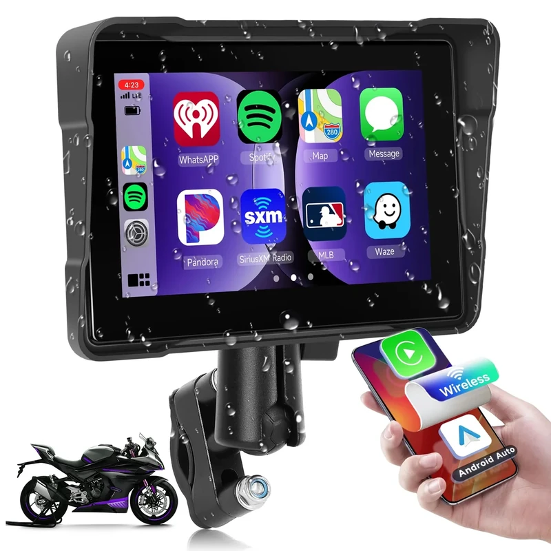 Rimoody Motorcycle Wireless CarPlay Screen, 7'' Waterproof Touchscreen Portable Carplay Android Auto for Motorbike, Airplay, EQ, Navigation/Siri, Dual Bluetooth