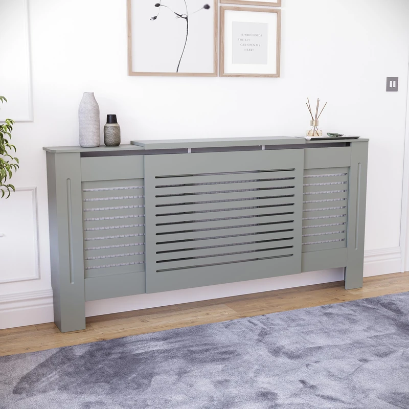 Vida Designs Milton Radiator Cover Olive Grey - Adjustable - Modern Horizontal Slat Design For Optimal Heat Circulation - H82xW140-204xD19cm - Painted MDF Cabinet Ideal For Living Room & Hallway